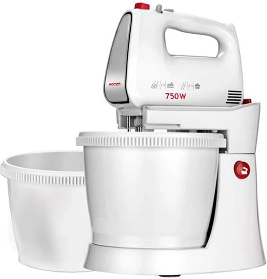 Küchenmaschine, 3 L, 750 W, MPM MMR-22Z, Edelstahl, Weiß, Stangen und Knethaken Edelstahl, Teigknetmaschine mit 2 Rotierender Schüssel aus 3 L