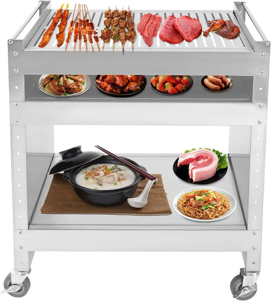 Lebensmittelzubereitungswagen, BBQ-Tisch, Grill, elektrischer Tischgrill, 59 × 40.5 × 82cm, 82 cm, Edelstahl, Silber