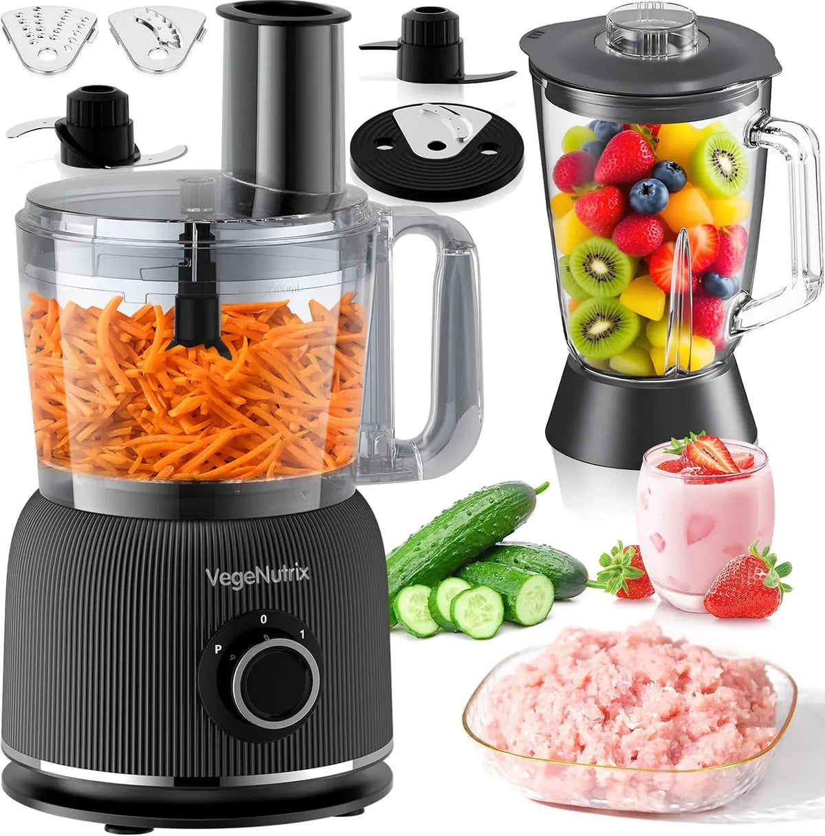 Küchenmaschine, 2,5 L, 1500 W, 2 Geschwindigkeitsstufen&Pulsfunktion für Smoothies, 2,5L Zerkleinerer für Fleisch, 2L Standmixer mit Glasbehälter