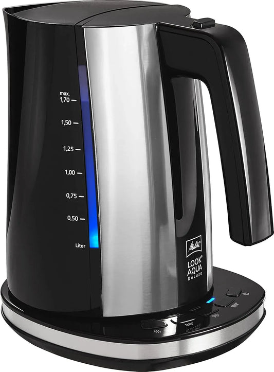 Melitta Wasserkocher, 1,7 L, 2400 W, Warmhaltefunktion, 2 Temperaturzonen, Look Aqua DeLuxe 1026-04 mit Temperatureinstellung, 95°C, 80 °C, 100°C