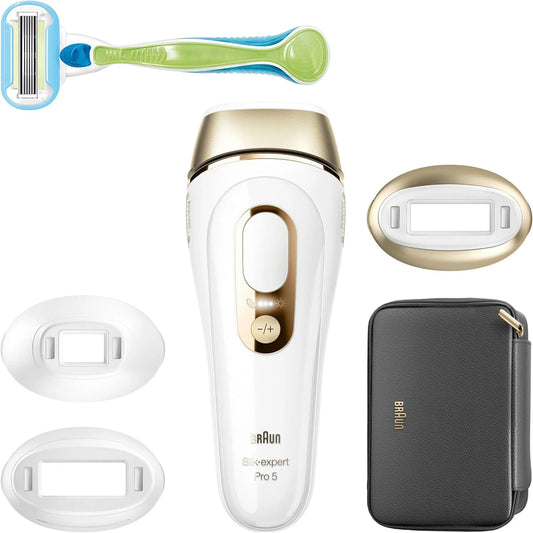 Braun PL5242 mit Etui, Weiß/Gold, IPL Silk-Expert Pro 5 Haarentfernung für Zuhause, 3 Köpfe, Alternative zur Laser-Haarentfernung, Venus-Rasiersystem