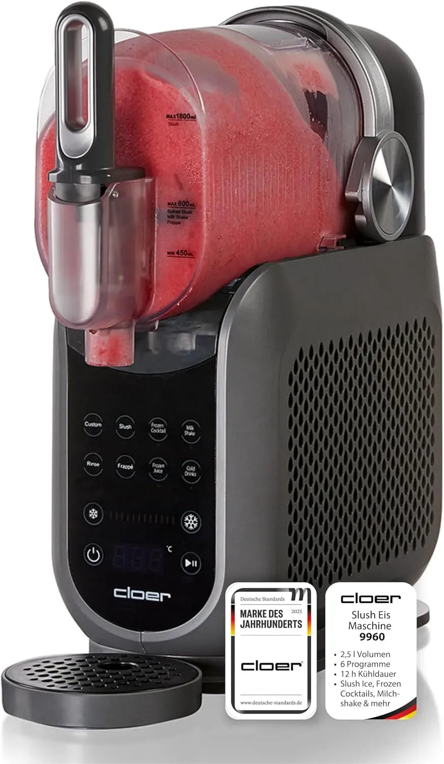 Küchenmaschine 12h, 2,5 L, 200 W, Touch-Bedienung, Cloer 9960 Slush Eis Maschine mit 2,5 l Volumen, 6 Programmen und Kühldauer