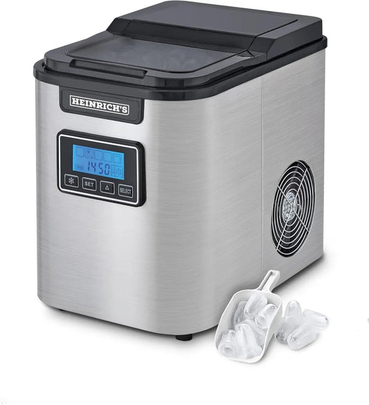 Eiswürfelmaschine, 2,2 L, 120 W, HEINRICHS, Timer, großer Wassertank, LCD-Display, Edelstahl, 3 einstellbare Eiswürfelgrößen