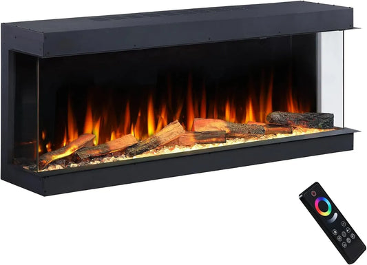 3-seitiger Elektrokamin, Heizung, elektrischer Kamin, 1,5 kW, WLAN, Wärmefunktion, Holz, für Medienwand