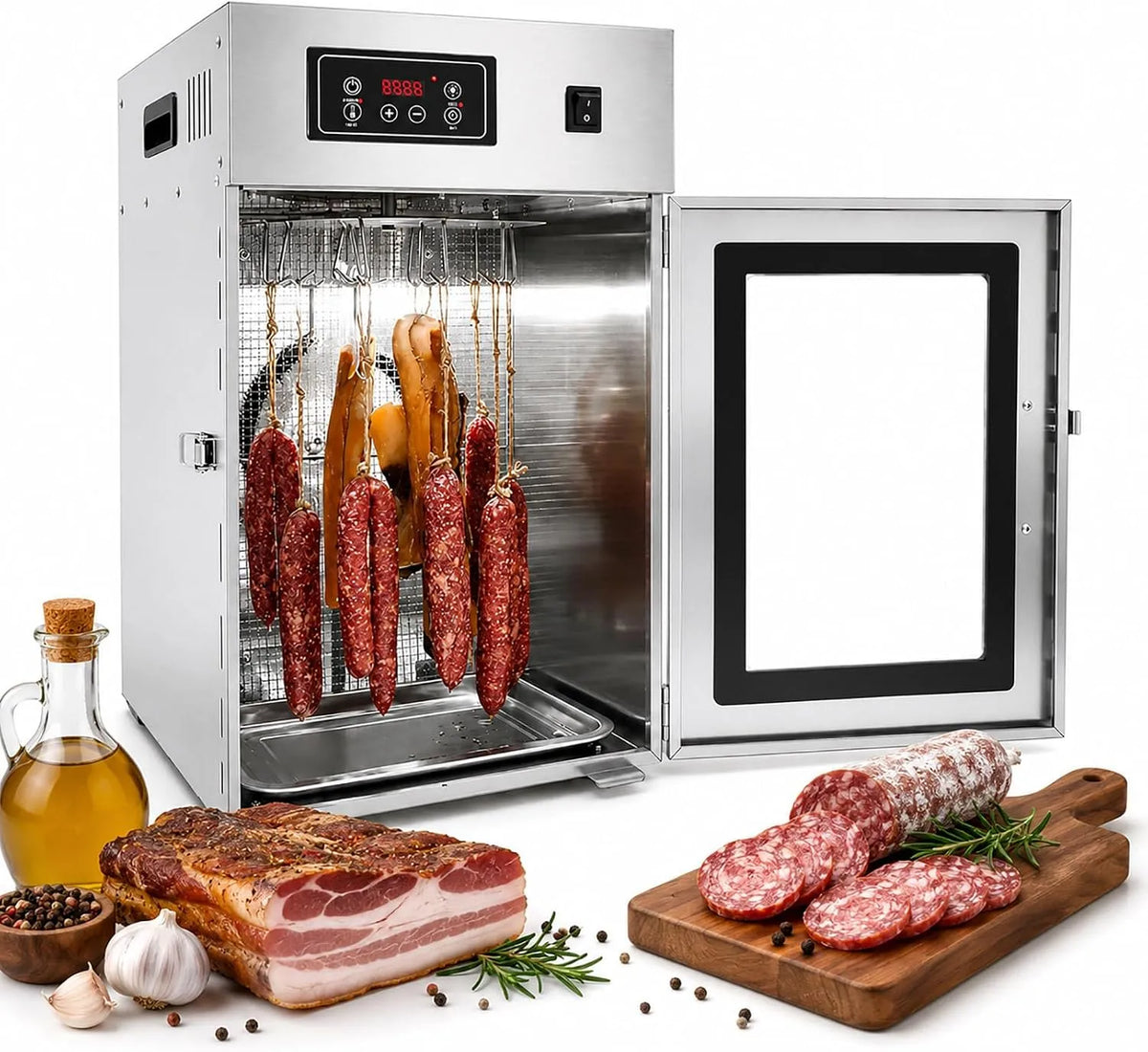 min-24 Trockenschrank, Dörrgerät, Lebensmitteltrockner, 30 bis 90 °C, 7.5 KG, Timer, Glas, 2 Temperaturzonen, Edelstahl