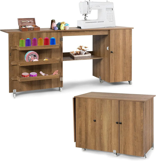 Nähmaschinentisch, Schreibtisch, Basteltisch, Nähschrank, Türschrank, Nähtisch, elektrische Nähmaschine, 158x50x75cm, Transportrollen, COSTWAY