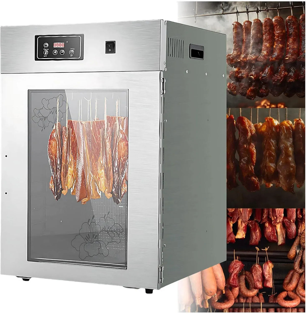24-Stunden-Timer Dörrautomat, Lebensmitteltrockner, 800 W, 30 bis 90 °C, Edelstahl, für Fleisch