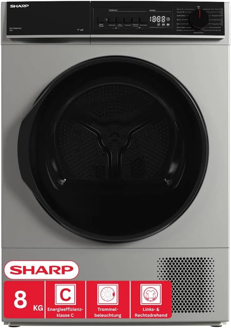 Sharp KD-PRO8S7GSC-DE 20-Minuten-Schnelltrockenprogramm Wäschetrockner, 8 kg, WLAN, Silber, 15 Trockenprogramme inkl