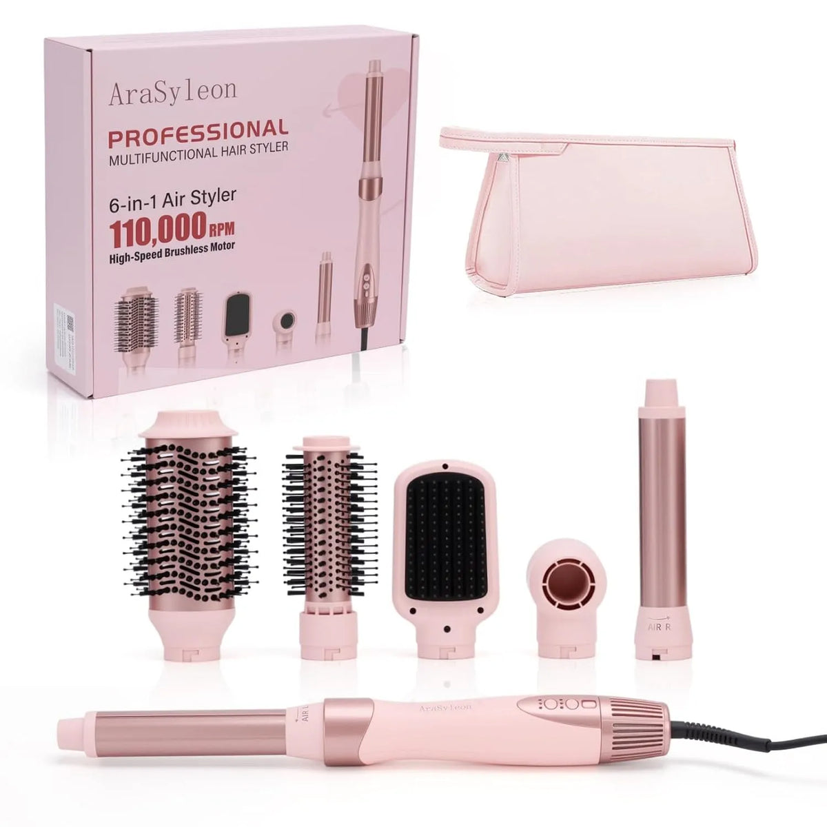 6-In-1 Warmluftbürste, Glättbürste, Reisetasche, Föhn, elektrische Haarglättungsbürste, 1200 W, Wärmefunktion