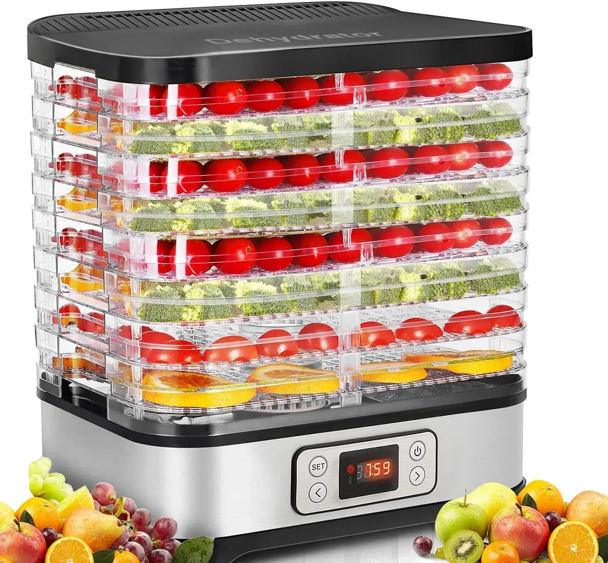 Wäschetrockner, 400 W, MEYKEY, LCD-Display, Silber, Dörrautomat Dörrapparat für Obst und Gemüse, Temperatur einstellbar