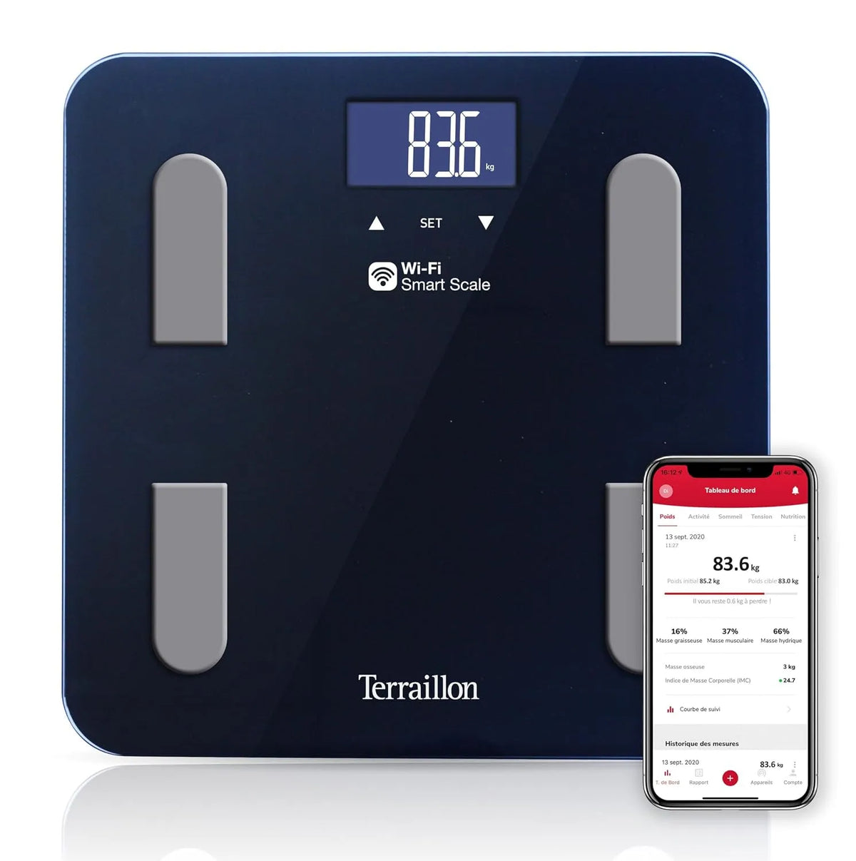 Impedanzmesser, Waage, 30 x 30 cm, 180 kg, 100 g, WLAN, LCD-Display, Schwarz, Glas
