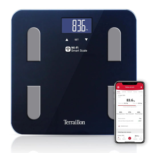 Impedanzmesser, Waage, 30 x 30 cm, 180 kg, 100 g, WLAN, LCD-Display, Schwarz, Glas