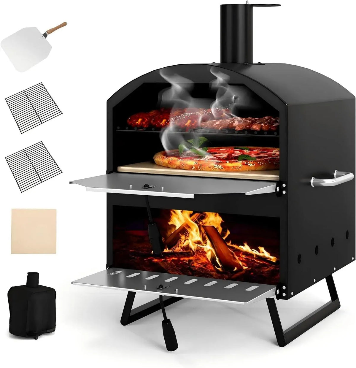 Elektrischer Pizzaofen, KOMFOTTEU, tragbar, Outdoor, Grill, Camping, Schwarz, tragbarer Holzgrill mit Schutzhülle, Pizzastein, Pizzaschaufel