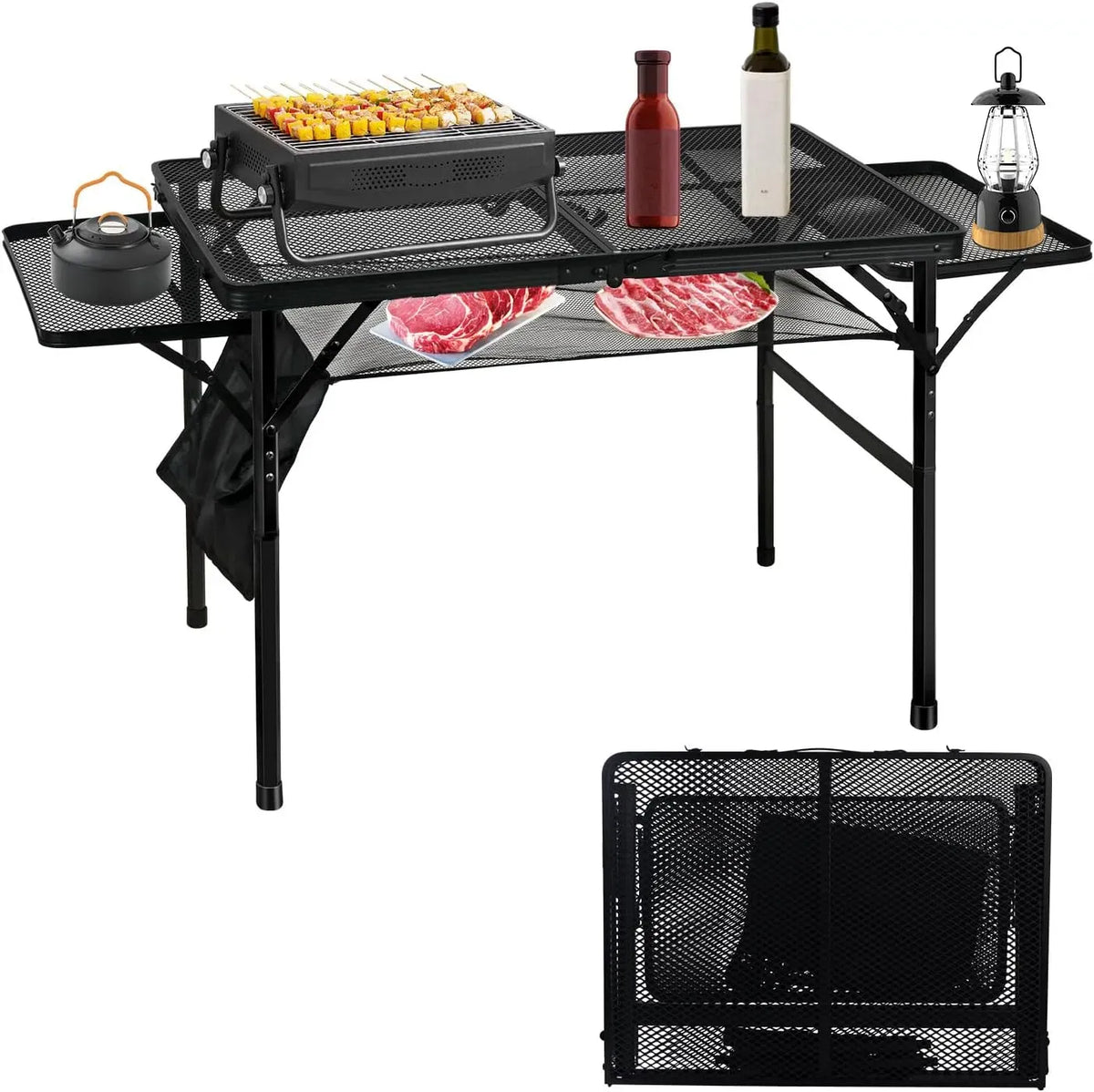 Campingkocher, MSDADA, tragbar, Grill, Pizza, Höhenverstellbarer Picknicktisch mit Seitentisch, Tragbarer Klapptisch, Pizzaofen-Klapptisch