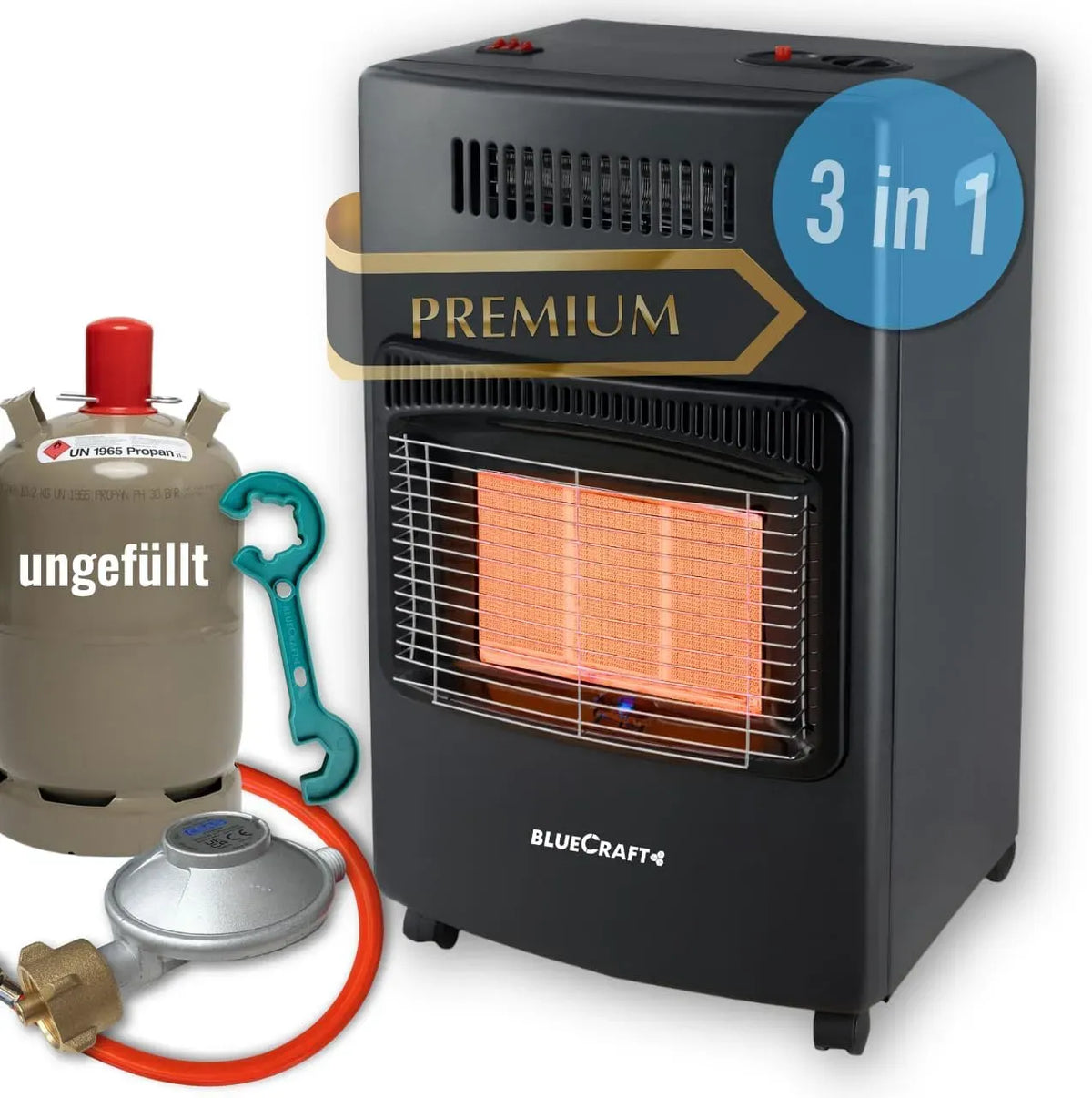 3-in-1 Elektroheizung, Gas-Ofen, Wärmefunktion, Bluecraft