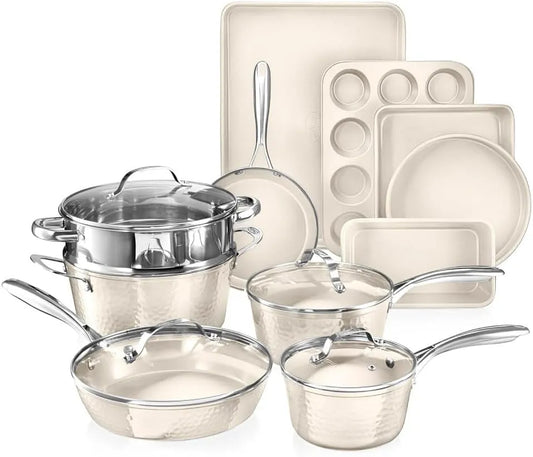 15-teiliges Topf- und Pfannenset, Steel Hammered Topf- und Pfannenset, für Küchen-Kochgeschirr-Sets, Antihaft-Kochgeschirr-Set, ungiftiges
