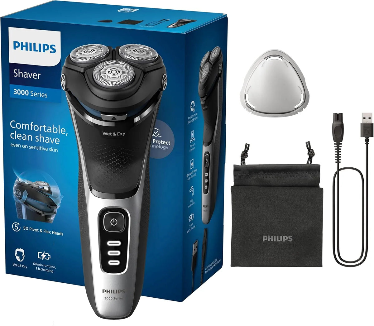 Philips Series 3000 S3241/12 Bartschneider, Reisetasche, Rasierer, IPS-Panel, kabellos, Schwarz, für Herren in Schwarz