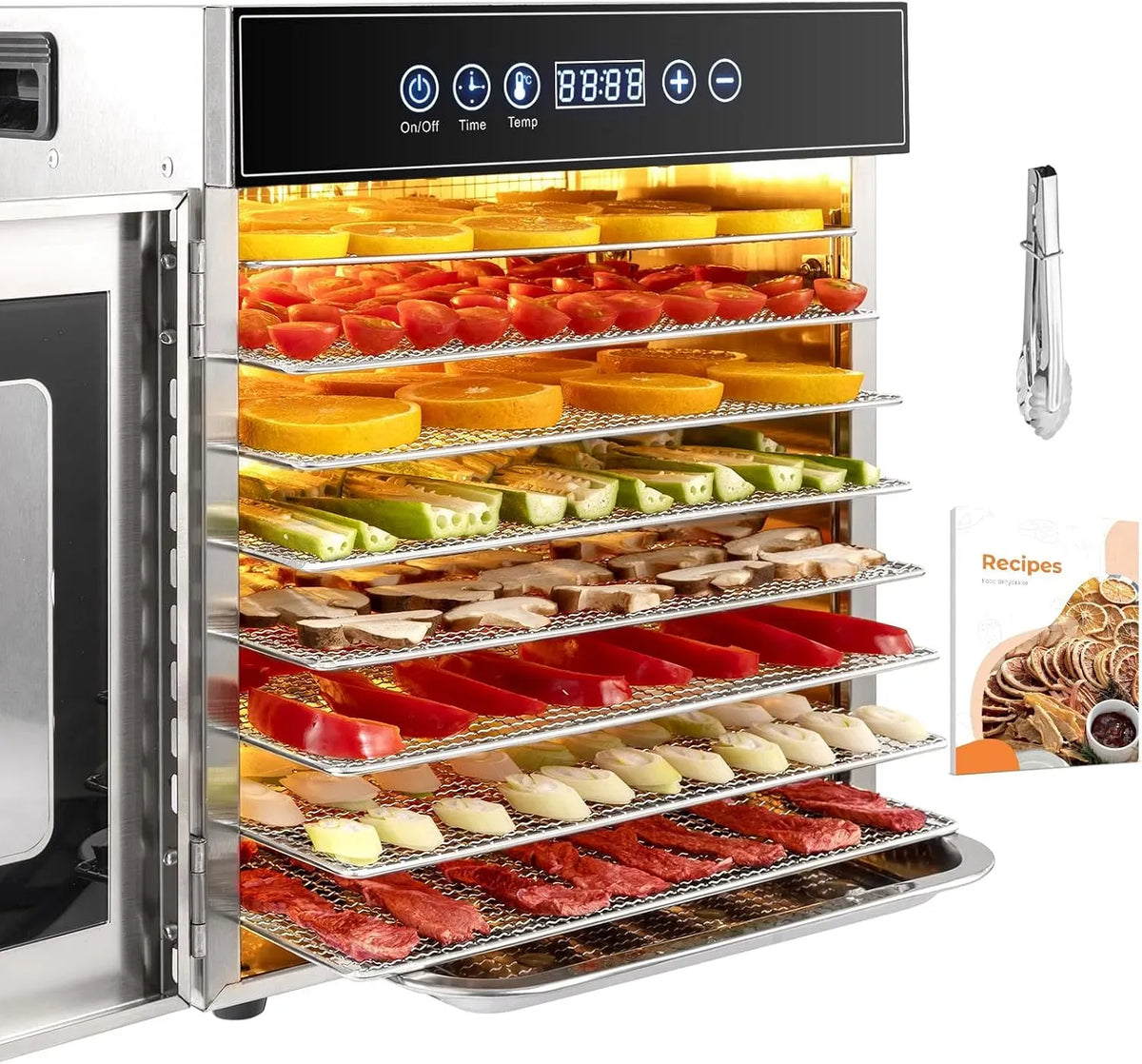 Wäschetrockner 24h, 30 bis 90 °C, Timer, Edelstahl, Kwasyo Dörrautomat Edelstahl mit Rezeptheft, Timerfunktion von Dörrzeit, 8 Etagen, BPA-frei