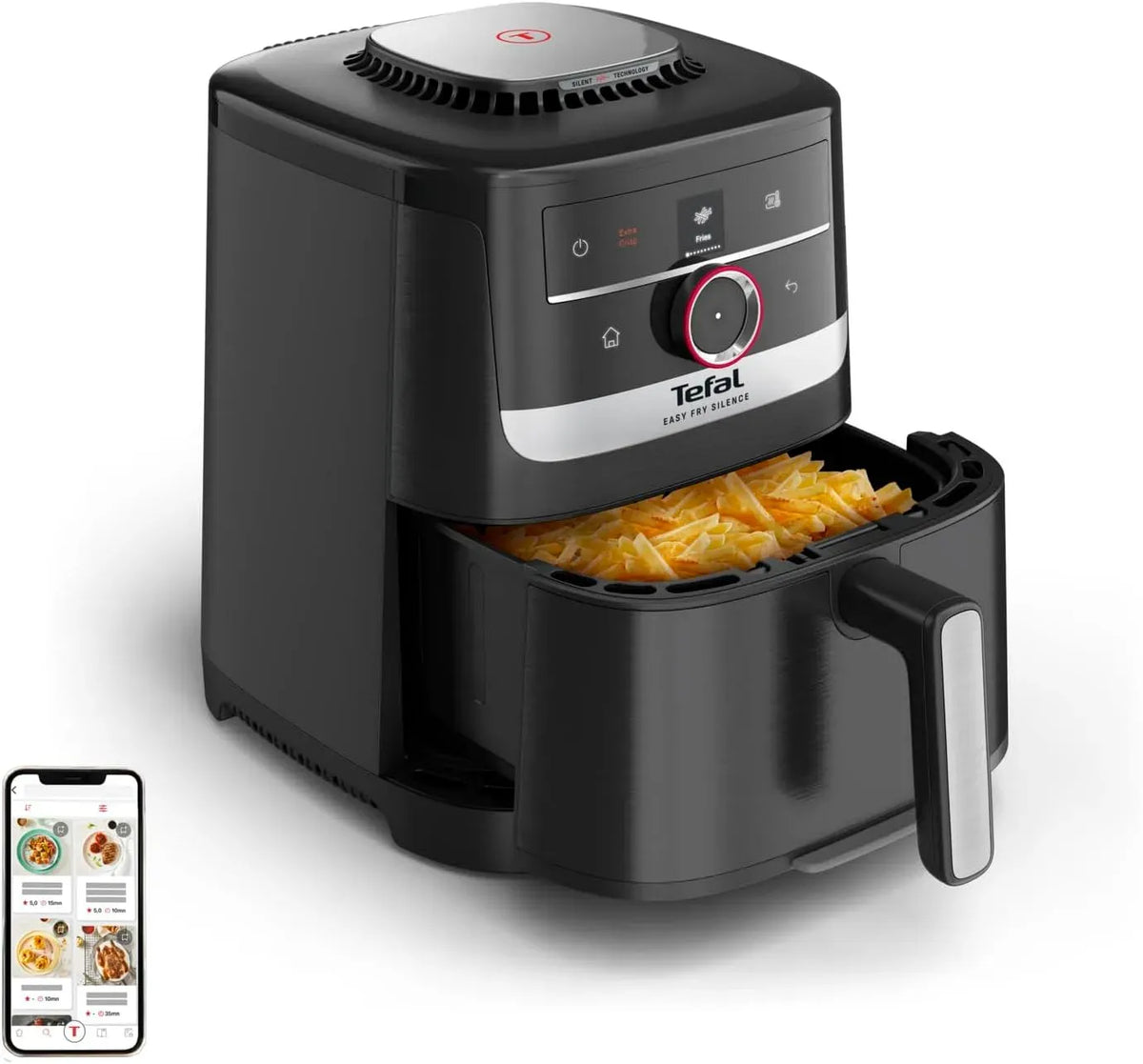 Tefal EY5728 Heißluftfritteuse, 5 L, leise, Antihaftbeschichtung, Edelstahl, Schwarz, Smart-Assist-System, von 40°C bis zu 220°C, extrem leise