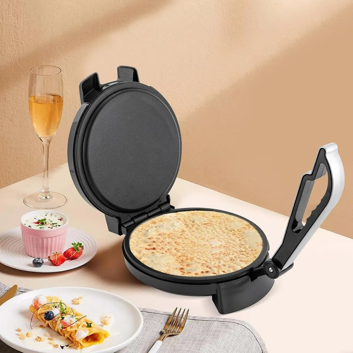 Crêpes Maker, Roti Maker, Tortilla-Presse, Druckpresse, Heizung, 26cm, 1200 W, 26 cm, Pizza, Edelstahl, Wärmefunktion, für Omeletts