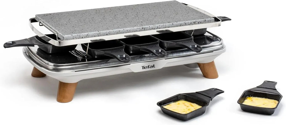 Tefal 2-in-1 PR620D12 Steinrake, Pierrade Gourmet Raclette, 2-in-1, 1350 W, 8 Maxi-Tiefschalen, für den Innenbereich, Naturstein