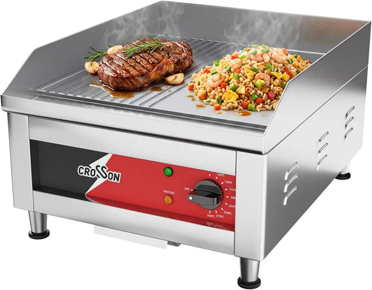 40 x 40 cm, Profi Gastro Grillplatte Elektrisch inklusive halb glatter und halb gerillter Grillfläche, aus 10 mm starkem Gusseisen und 300℃ precise